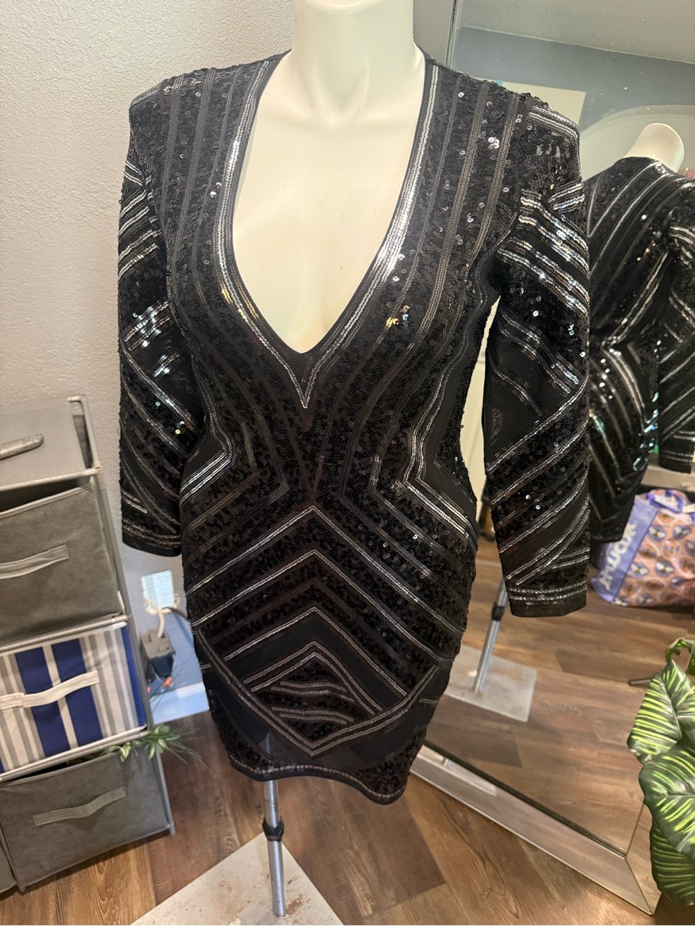 Express Black Sequin V-Neck Mini Dress